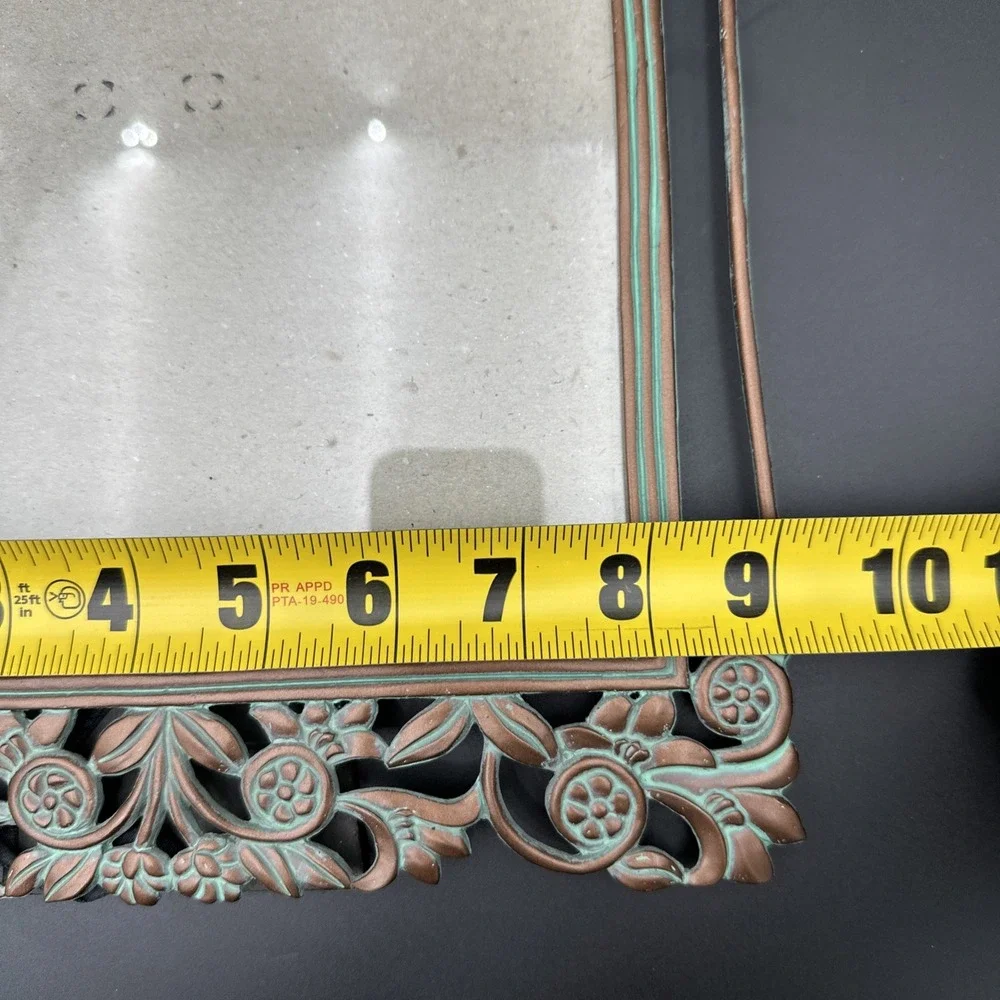 Vtg 8x10 Floral Cast Metal Picture Frame Copper Tone Turquoise Verdigris Photo